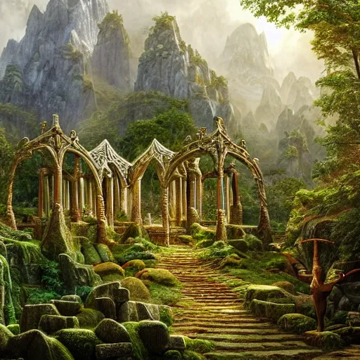 Image similar to a beautiful and highly detailed matte painting of an elven temple in a magical fantasy garden in a lush forest in the mystical mountains, celtic knots, carved runes, intricate details, epic scale, insanely complex, 8 k, sharp focus, hyperrealism, very realistic, by caspar friedrich, albert bierstadt, james gurney, brian froud,