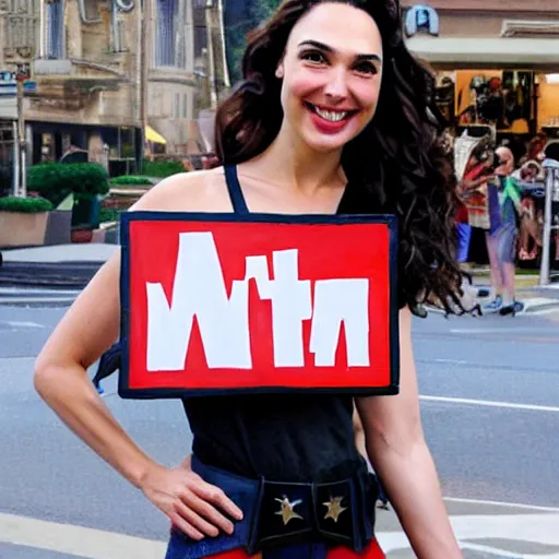 Image similar to Gal Gadot holding a sign that says M I T C H I E P O O !!!! as painted by Ralph Horsley