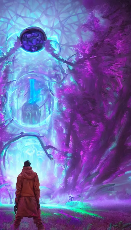 Image similar to a graffiti writer from the future on the middle of a purple forest looking to a sci fi ancient god holding a portal that's about to explode into a psychedelic realm, in the style of WLOP, oil painting, epic, fantasy, hyper detailed, smooth, Unreal Engine 5, sharp focus, ray tracing