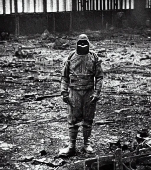 Prompt: man in a anti-radiation hazmat suit and gasmask at distance in chernobyl, ww1 film photo, grainy, high detail, high resolution