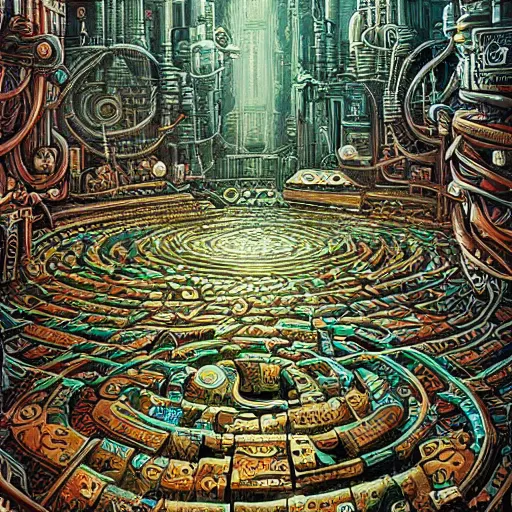 Image similar to a hyper realistic painting of a cyberpunk labyrinth, by joe fenton, highly detailed, vivid color,