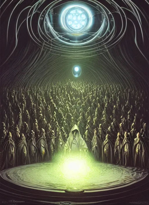 Image similar to a quantum computer surrounded by a dark cabal of multiple hooded elven mystics in long dark robes gathered in a circular formation, dan seagrave art, michael whelan, artstation, cgsociety, epic scifi fantasy art