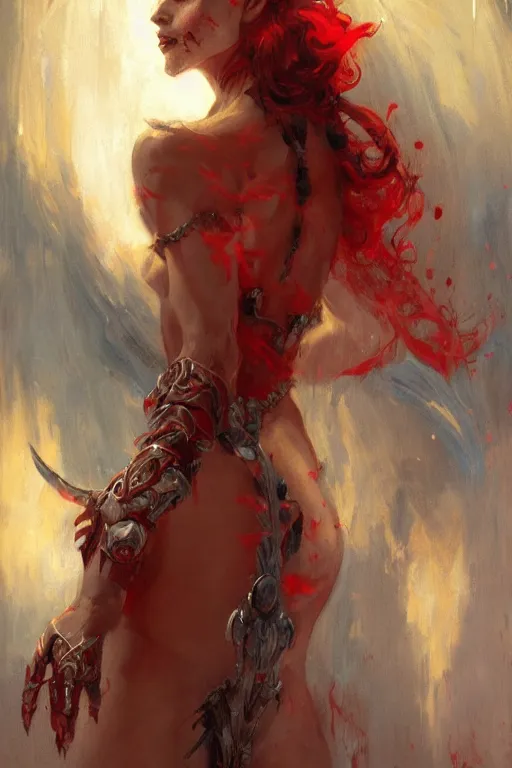 Image similar to attractive demon queen with red eyes painting by gaston bussiere, craig mullins, luis rollo, torso portrait, digital painting, highly detailed, artstation, sharp focus, illustration, concept art, hd