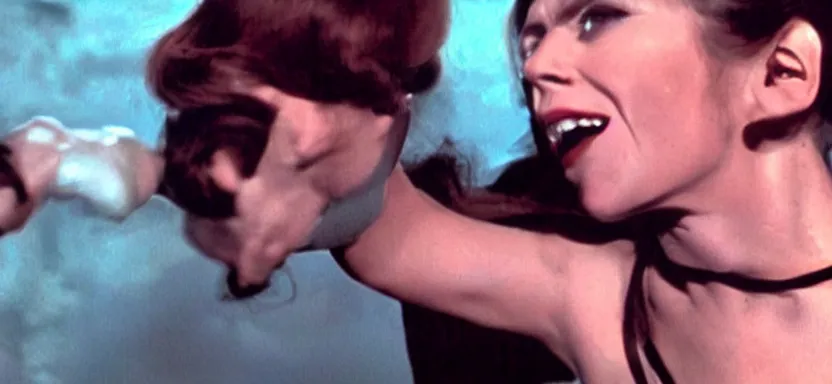 Prompt: a beautiful woman punching a monster film in a still from a roger corman film, hyperrealistic