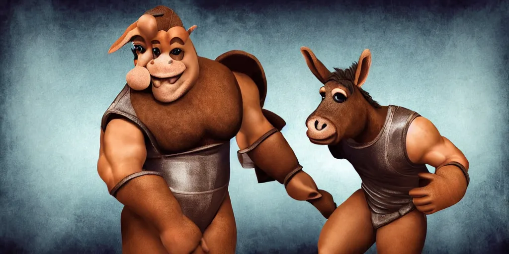 Prompt: donkey in wrestler outfit is heroically looking into the camera, blurry background, 2 d digital vector art, highly realistic, highly detailed, medium shot, low angle, dramatic lighting, picture of the year award