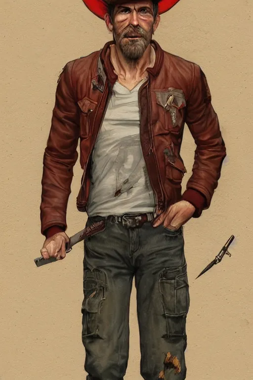 Image similar to character design, reference sheet, 40's adventurer, unshaven, optimistic, stained dirty clothing, straw hat, heavy boots, red t-shirt, dusty brown bomber leather jacket, detailed, concept art, photorealistic, hyperdetailed, , art by Leyendecker