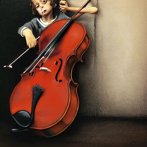 Prompt: cello violin concert art by banksy and alan lee