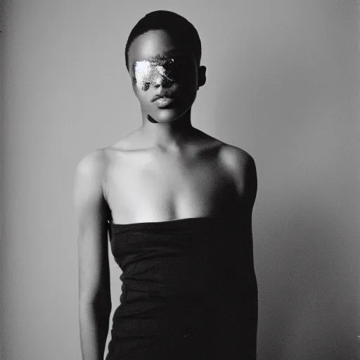 Image similar to realistic! photoshoot for a new maison margiela lookbook, color film photography, portrait of a beautiful woman, in style of tyler mitchell, 35mm