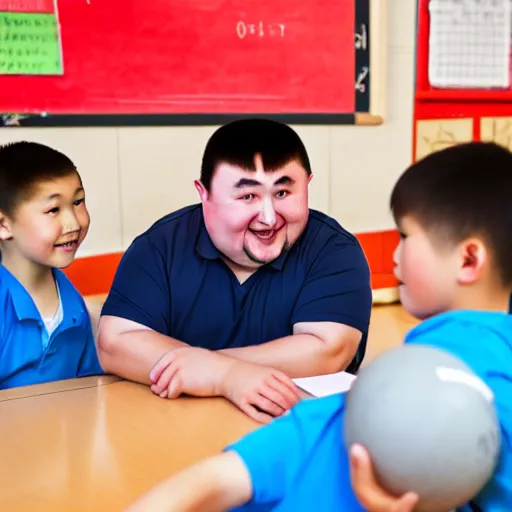 Image similar to fat kazakh guy in a red baseball cap teaching kids in school