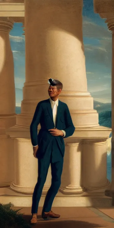 Prompt: a portrait of john f kennedy in the style of thomas cole, with a single eroded corinthian column in the foreground, partially submerged in a deep blue lake, god rays, raytracing, 8k, octane render, volumetric, vivid, beautiful, hyperrealism”