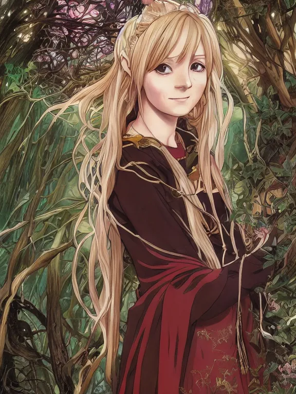 Image similar to anime key visual of writer jk rowling the enchantress with her back to the camera wears harry potter wizard clothes!! intricate, magical forest, stunning, highly detailed, digital painting, artstation, smooth, hard focus, illustration, art by artgerm and greg rutkowski and alphonse mucha