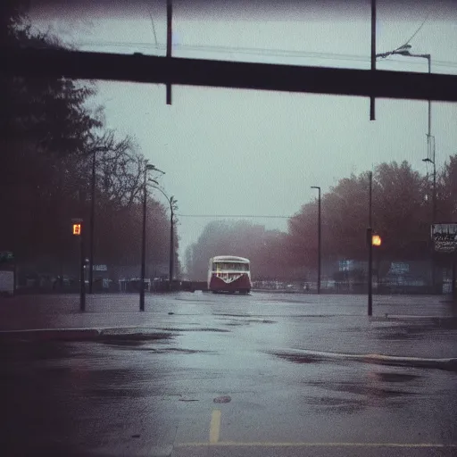Image similar to 1990s perfect 8K HD professional cinematic photo of a bus stop in dystopian world, at evening during rain, at instagram, Behance, Adobe Lightroom, with instagram filters, depth of field, taken with polaroid kodak portra