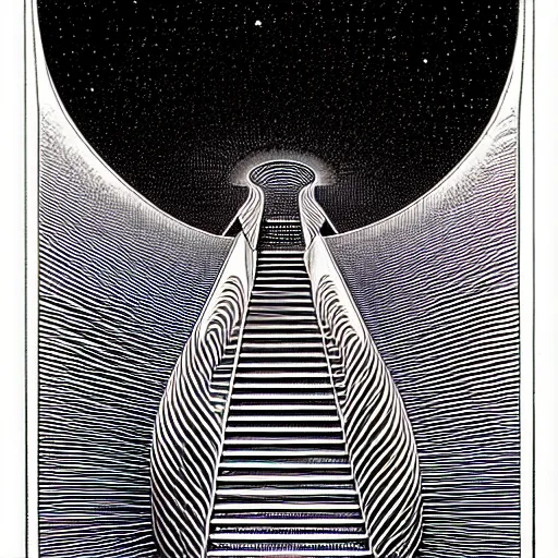 Image similar to crystal spiral stairways beyond possibility of imagining, many doors, inhabited on many levels, by Maurits Cornelis Escher, by jean giraud, shining light, clear geometry, architecture, Award winning. Masterpiece, detailed illustration