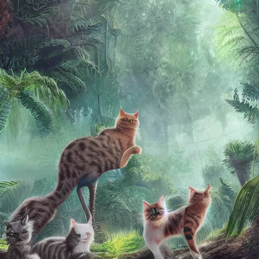 Image similar to a group of cats traveling in a very dense rainforest,artstation,very detailed