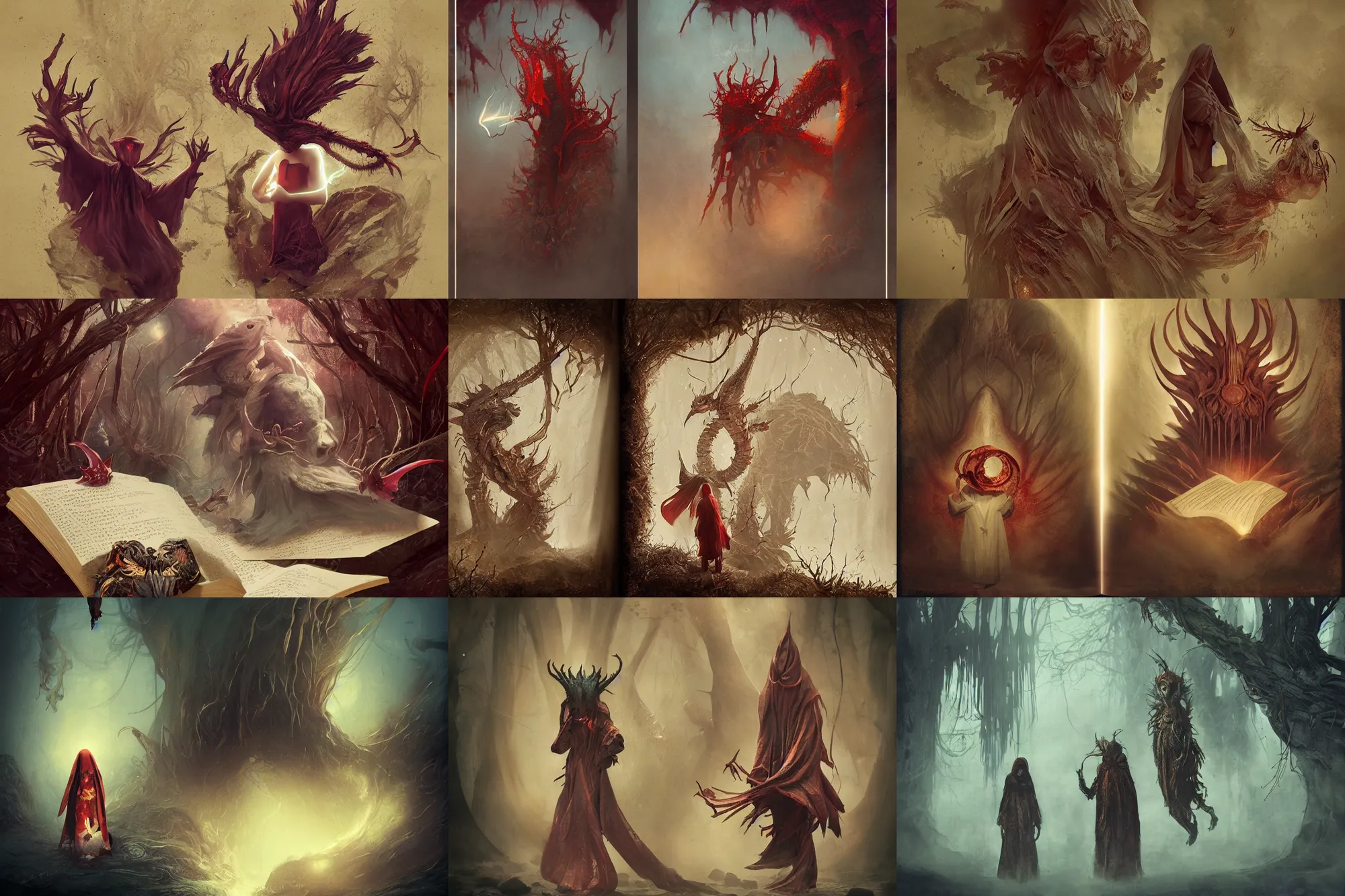 Prompt: Pages of a book with strange and mystical creatures scary and dangerous, concept art, inspired by Reylia Slaby, Guillermo del Toro, trending on artstation, volumetric lighting, intricate, ornate, CGsociety