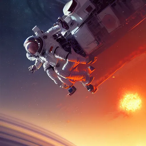 Image similar to 2 0 3 0 astronaut burning up while dropping through the majestic clouds of jupiter, by cedric peyravernay, highly detailed, excellent composition, cinematic concept art, dramatic lighting, trending on artstation