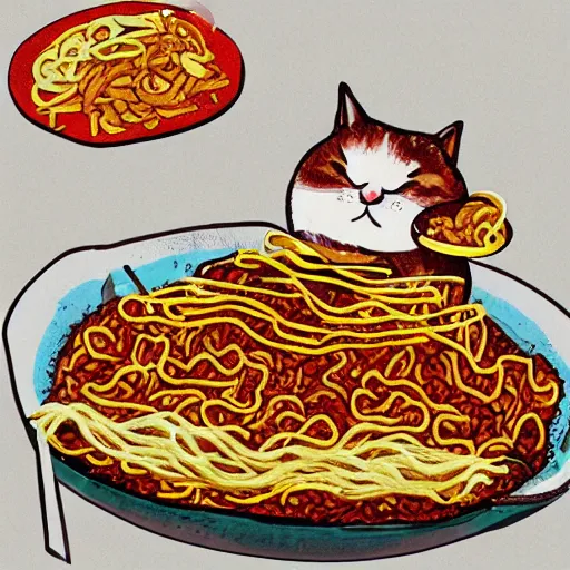 Image similar to obese cat sitting in behind a plate of indomie mi goreng noodles on toast, traditional artstyle