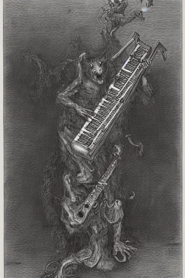 Image similar to A demonic opossum playing a keytar by Gustave Dore, full body grayscale drawing, disturbing, hellish