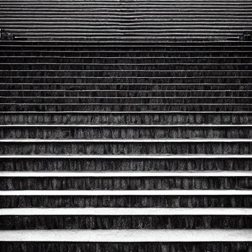 Prompt: black and white surreal photograph, highly detailed vast space made of stairsteps, sideview, detailed textures, natural light, mist, architecture photography, film grain, soft vignette, sigma 1 4 mm f / 1. 4 1 / 1 0 sec shutter, darren aronofsky film still promotional image, imax 7 0 mm footage