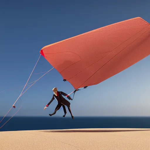 Prompt: mary poppins holding a mattress freeride kite naish pivot s 2 6 kite being blown to the sky by the strong wind. 3 d octane render