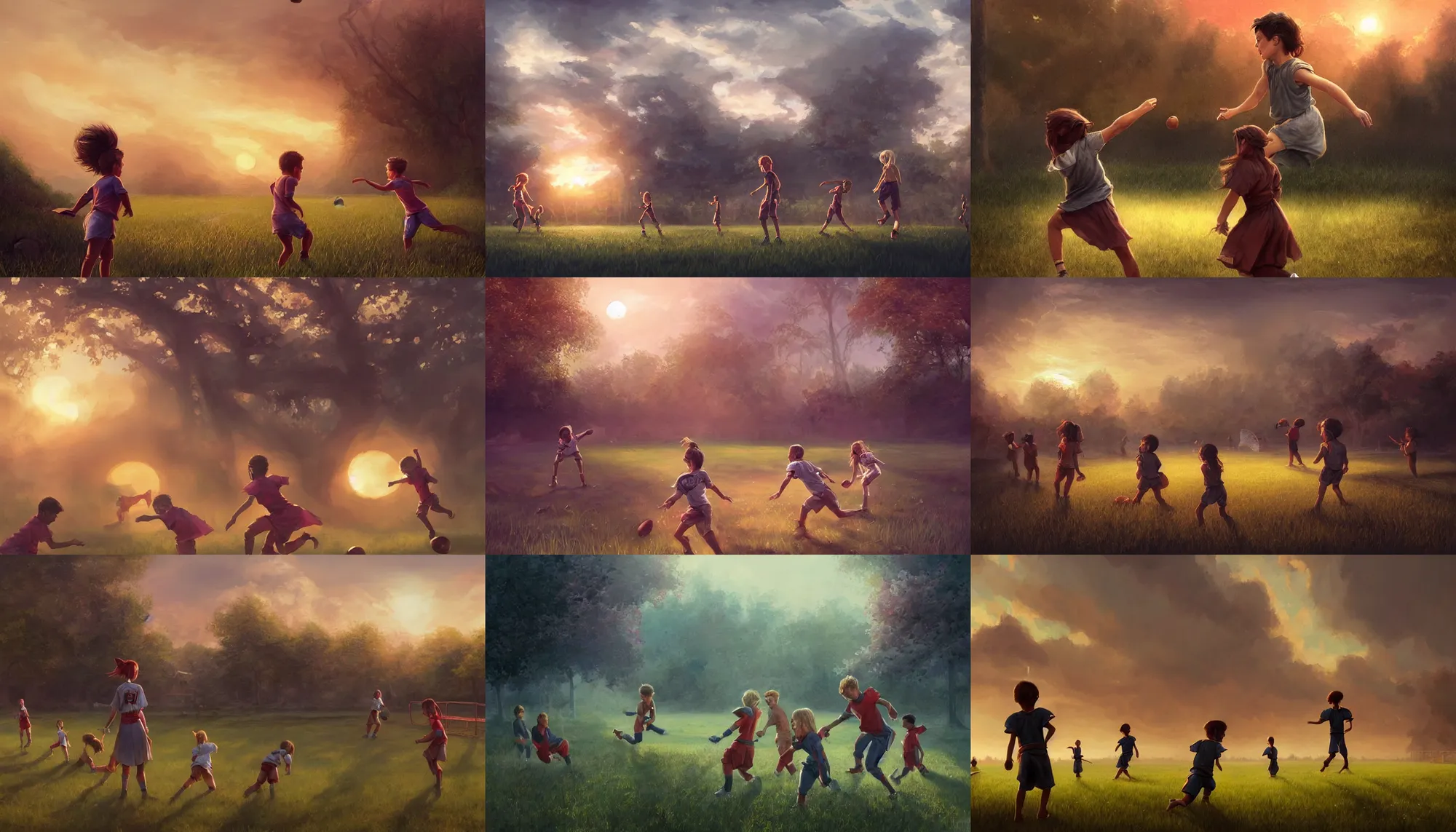 Prompt: fantasy painting of backyard football field with a pair of playing children during sunset, wide shot, digital painting, intricate details, trending on artstation, realistic, highly detailed, smooth, sharp focus, beautiful, 4 k, 8 k, hd, art by charlie bowater and artgerm and greg rutkowski