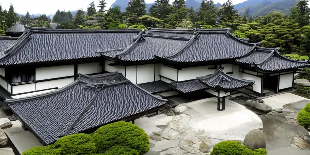 Prompt: large residence, japanese style, flared japanese black tile roof, cascadian, elegant