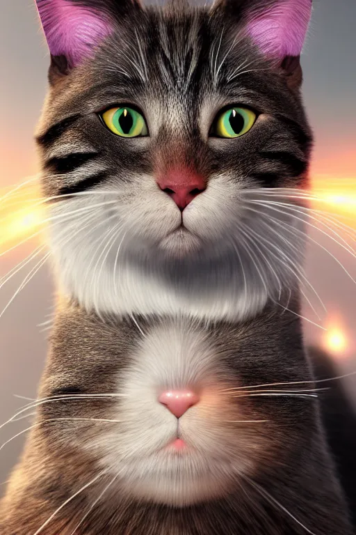 Image similar to funny cat, 8 k ultra realistic, digital art, character portrait, highly detailed, trending on artstation, lens flare, atmosphere, hyper realistic, cinematic lightning, sharp focus, unreal engine 5, extreme details perfect face, pretty face, fine - face, illustration, 8 k, ultra texture, masterpiece