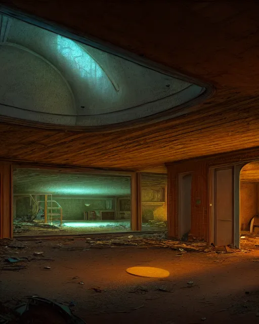 Image similar to a beautiful ultradetailed rendering of abandoned basement suite by ralph mcquarrie, universe lightpaint at dawn rainforest, archdaily, wallpaper, highly detailed, trending on artstation.