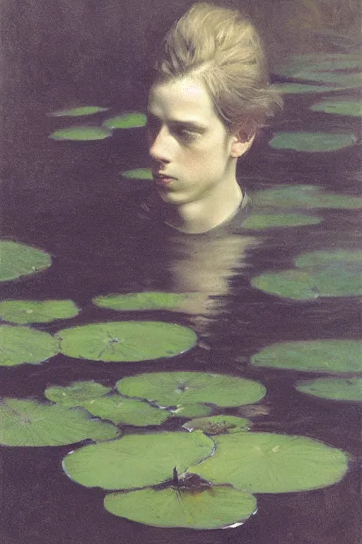 Image similar to detailed cinematic moody colors studio portrait of a young victorian gentleman in a beautiful victorian water pond, water lilies, high quality by jeremy mann, only one head single portrait