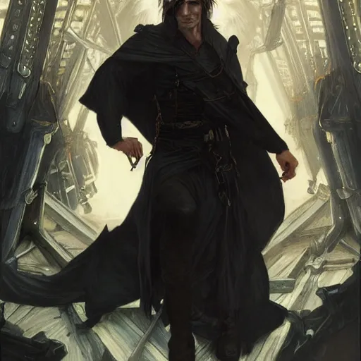 Image similar to dramatic pale male rogue in black robes on a ship deck, fantasy, D&D, full body portrait, piercing stare, highly detailed, digital painting, artstation, concept art, matte, sharp focus, illustration, art by artgerm and greg rutkowski and alphonse mucha