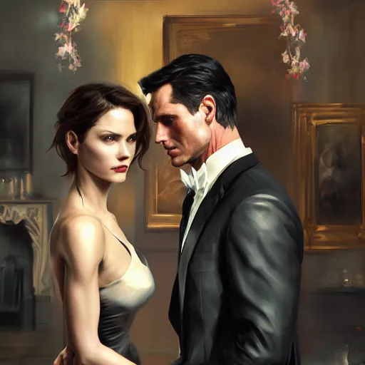 Prompt: daniel gerhartz and artgerm and wlop detailed portrait digital painting of a bruce wayne and selina kyle at a party in a mansion, mansion interior in the background, unreal engine, hyper realism, realistic shading, cinematic composition, blender render, octane render, hdr, detailed textures, photorealistic, 3 5 mm film