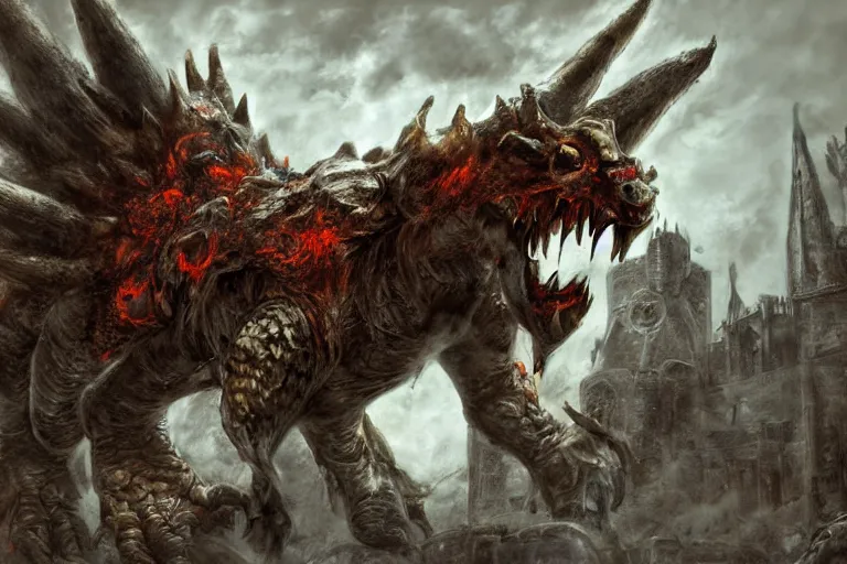 Image similar to concept art of bowser with huge horns and scales and talons in a ruined kingdom, resident evil, horror, occult, terror, mist, volumetric render, digital painting, detailed painting