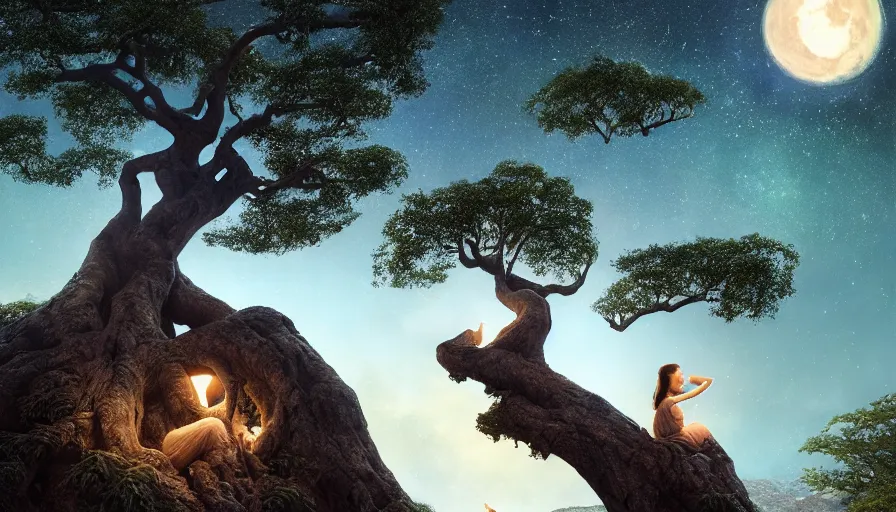 Image similar to very very small goat, sitting on a gigantic banyan tree in moonlit socotra island by ilya kuvshinov, starry night, rtx rendering, octane render 1 2 8 k, maya, extreme high intricate details by tom bagshaw, medium shot, close up shot, composition by sana takeda, lighting by greg rutkowski