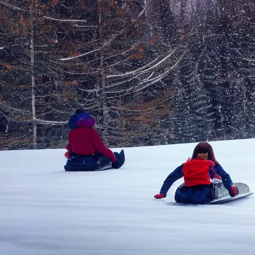 Prompt: Pogg and Yuurei sledding in Canada, 4k, sharp focus,ink art, greg rutkowski