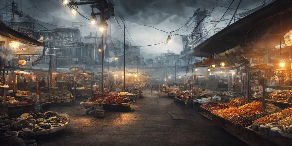 Image similar to seafood market, superwide angle, light through the mist, dramatic lighting, photorealistic, cinematic lighting, high detail, cinematic feel, high octane, 4K, Unreal Engine, digital render, intricate, ultra realistic