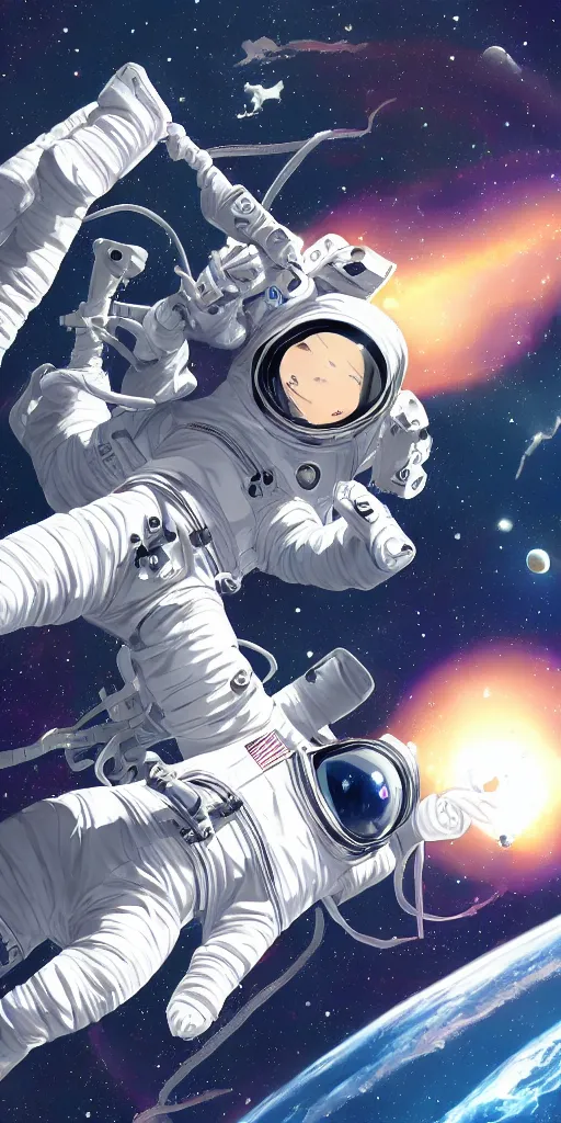 Image similar to female astronaut floating through space, liminal, lonely, highly detailed, trending on art station, anime wallpaper