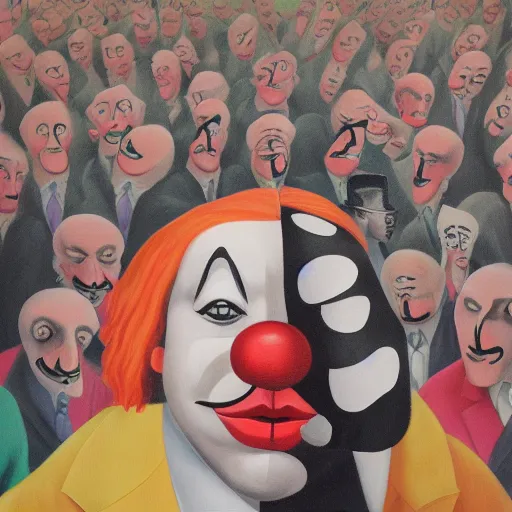 Prompt: a matte surrealist painting of a sad clown in a crowd of business man