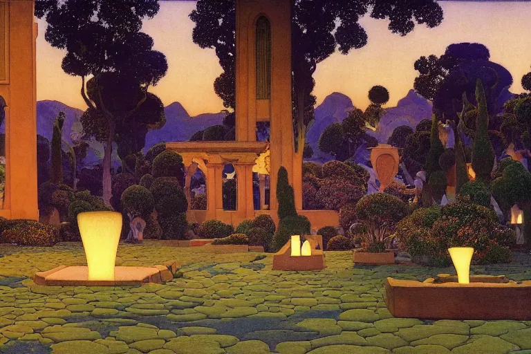 Image similar to beautiful garden at twilight by Maxfield Parrish and Nicholas Roerich and jean delville, glowing paper lanterns, strong dramatic cinematic lighting , ornate tiled architecture, lost civilizations, smooth, sharp focus, extremely detailed