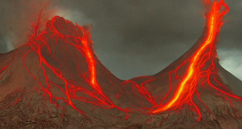 Image similar to a volcano made of ivory vines and crimson rocks enters in eruption, it spits a smoke in the shape of demonic eye, by Wes Anderson,