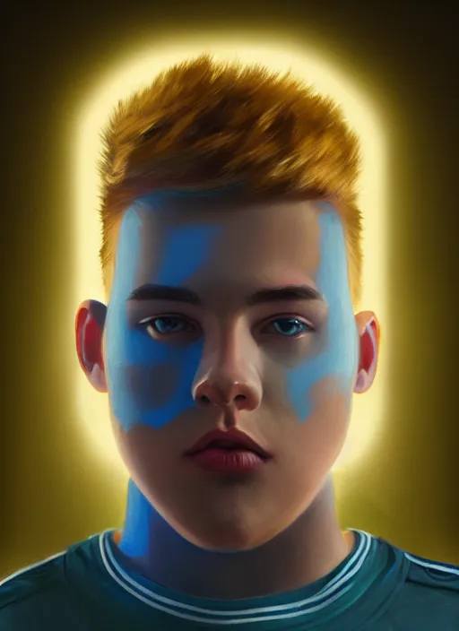 Image similar to portrait of high school senior boy named big moose, blonde short hair, jock, beefy, wide face, square jaw, square facial structure, blue varsity jacket with letter r, intricate, elegant, glowing lights, highly detailed, digital painting, artstation, concept art, sharp focus, illustration, art by wlop, mars ravelo and greg rutkowski