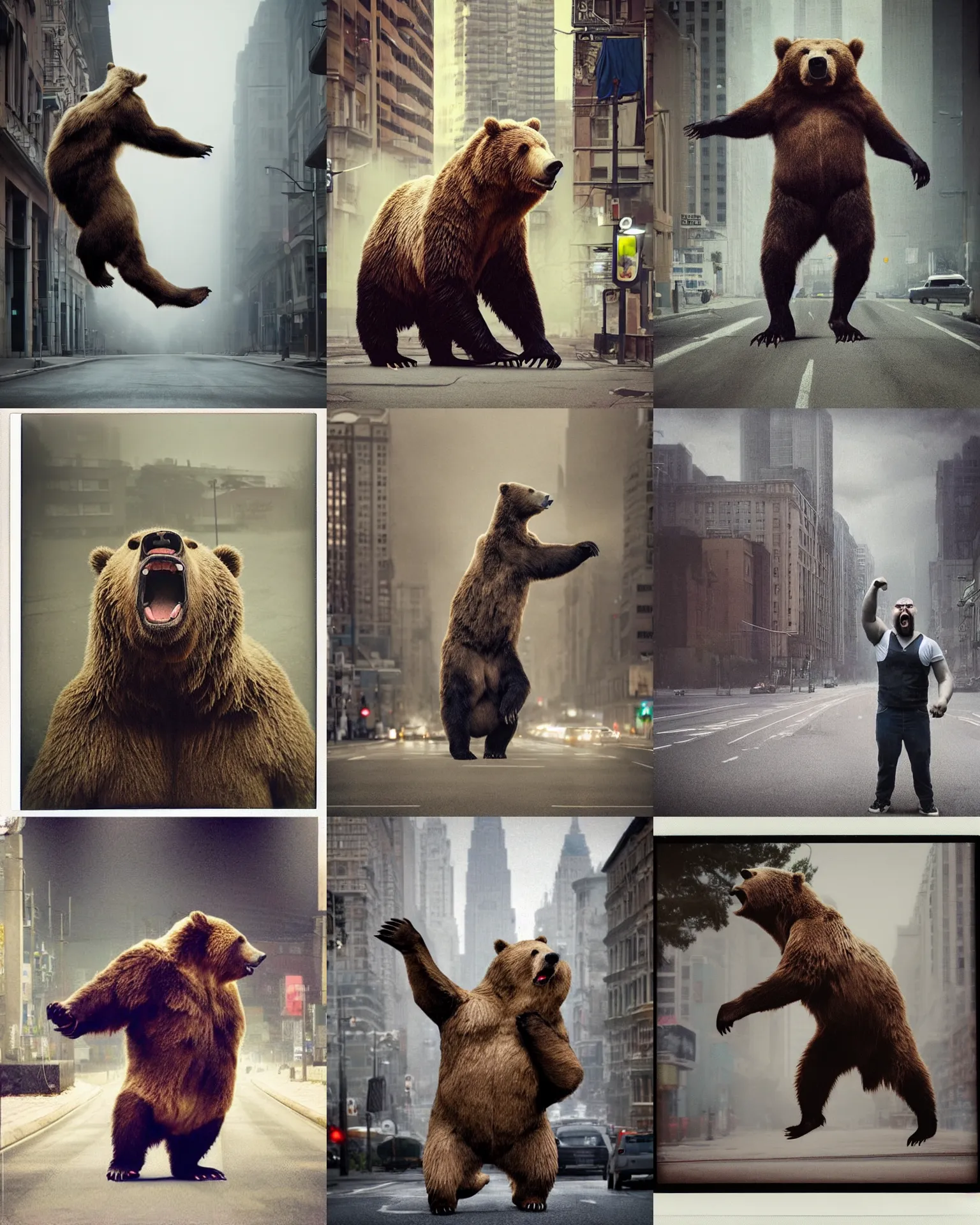 Prompt: very realistic! epic pose!!! bulky oversized grizzly bear screaming flexing ,in busy city , full body , Cinematic focus, Polaroid photo, vintage , neutral dull colors, soft lights, foggy mist , by oleg oprisco , by national archives, by discovery channel, by victor enrich , by gregory crewdson