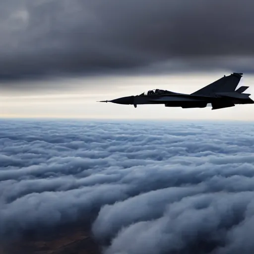 Prompt: stylish shot cinematic of a fighter jet flying through clouds