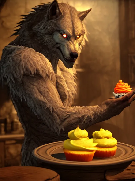 Image similar to cute handsome cuddly burly surly relaxed calm timid werewolf from van helsing holding a delicious cupcake with orange frosting sitting down at the breakfast table in the kitchen of a normal suburban home unreal engine hyperreallistic render 8k character concept art masterpiece screenshot from the video game the Elder Scrolls V: Skyrim