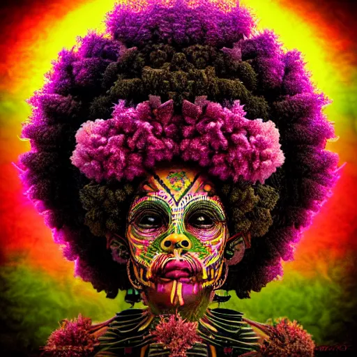 Image similar to an african marijuanna shaman with an afro made of flowers, third eye art art by machina infinitum, complexity from simplicity, rendered in octane, mandelbulb 3 d, ambient occlusion, macro photography, felt!!! texture, tribal, neon! retrowave