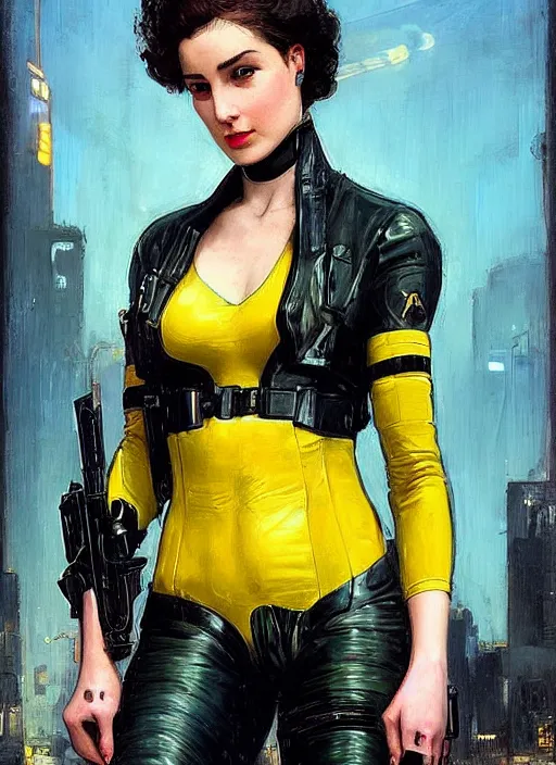 Image similar to Selina Kyle. beautiful cyberpunk female USN marine wearing a military vest and a black and yellow tactical jumpsuit (cyberpunk 2077, bladerunner 2049). gorgeous face. Iranian orientalist portrait by john william waterhouse and Edwin Longsden Long and Theodore Ralli and Nasreddine Dinet, oil on canvas. Cinematic, hyper realism, realistic proportions, dramatic lighting, high detail 4k