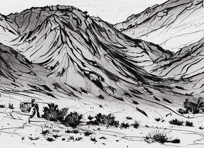 Prompt: illustration of a desert landscape, (inktober), line art, ((water color)), by Bill Waterson, By Jake Parker