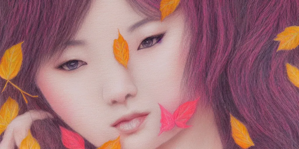 Prompt: detailed pastel colors portrait of a japanese woman made of autumn leaves, by artgerm, fine detail, 8 k