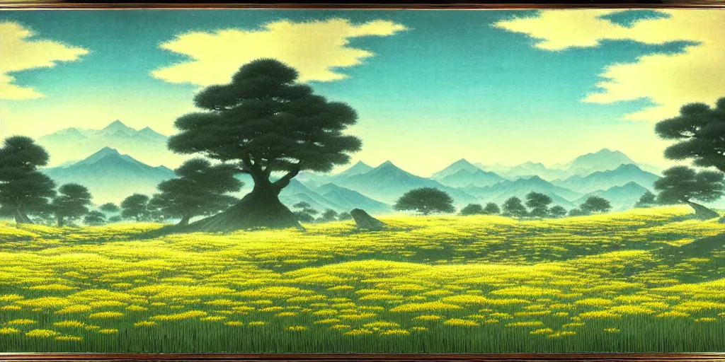 Prompt: a peaceful meadow, manga panel, hitoshi ashinano, fantasy