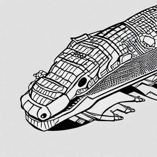 Prompt: Alligator spaceship, Traditional japanese concept art, industrial scifi, technical drawing, vector art, isometric illustration