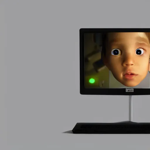 Image similar to kid looking at you standing next to an old computer monitor, trending on artstation